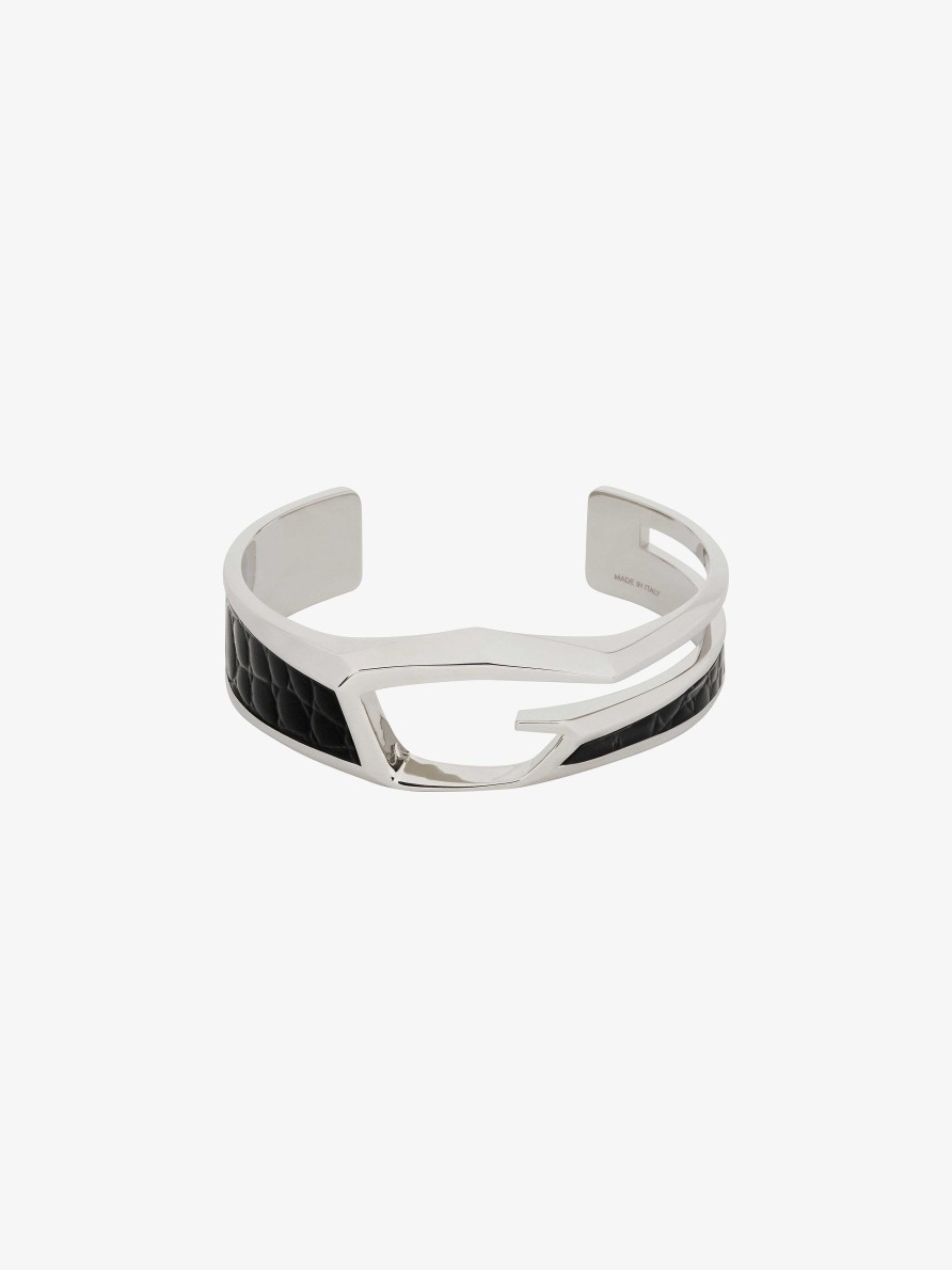 Uomini Givenchy Gioielleria | Bracciale Taglio Giv In Metallo E Pelle Nero/Argento