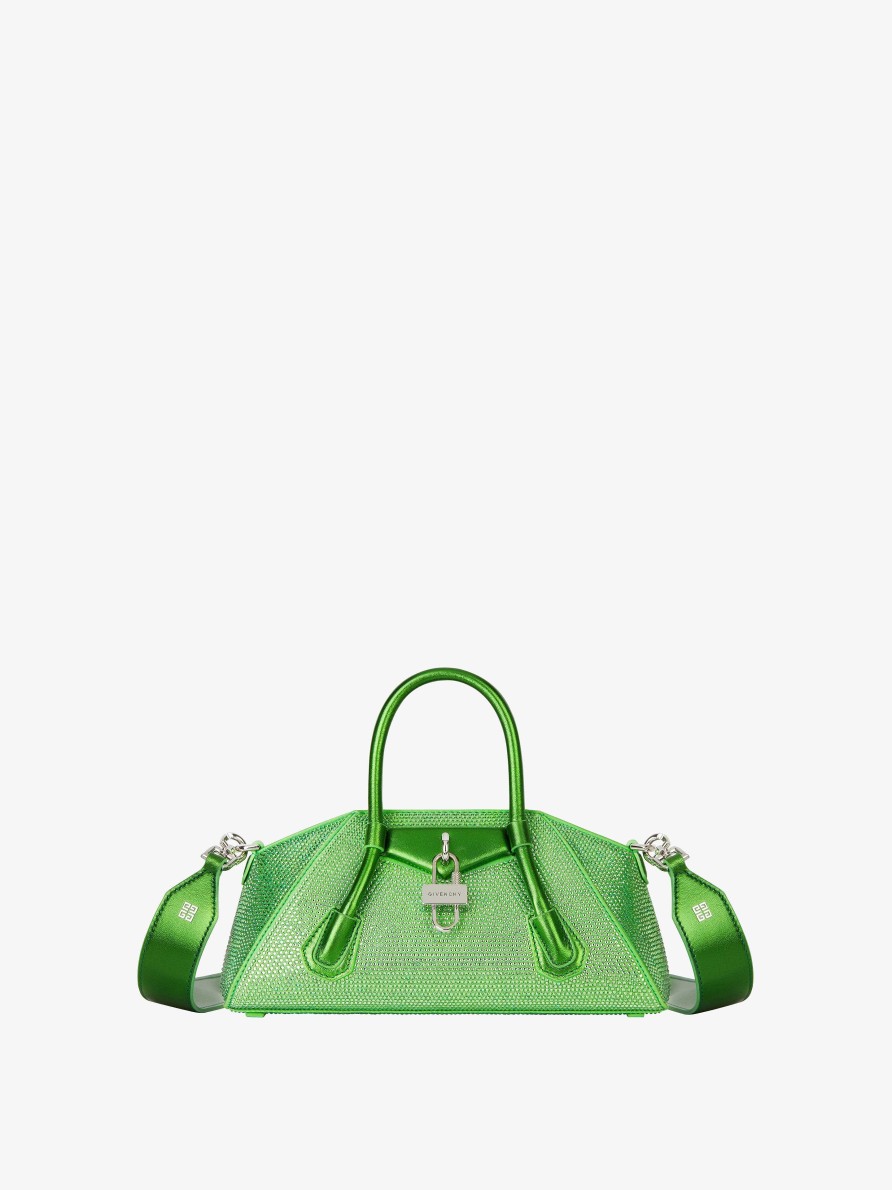 Donne Givenchy Antigona | Borsa Mini Antigona Stretch In Raso Con Strass Assenzio Verde