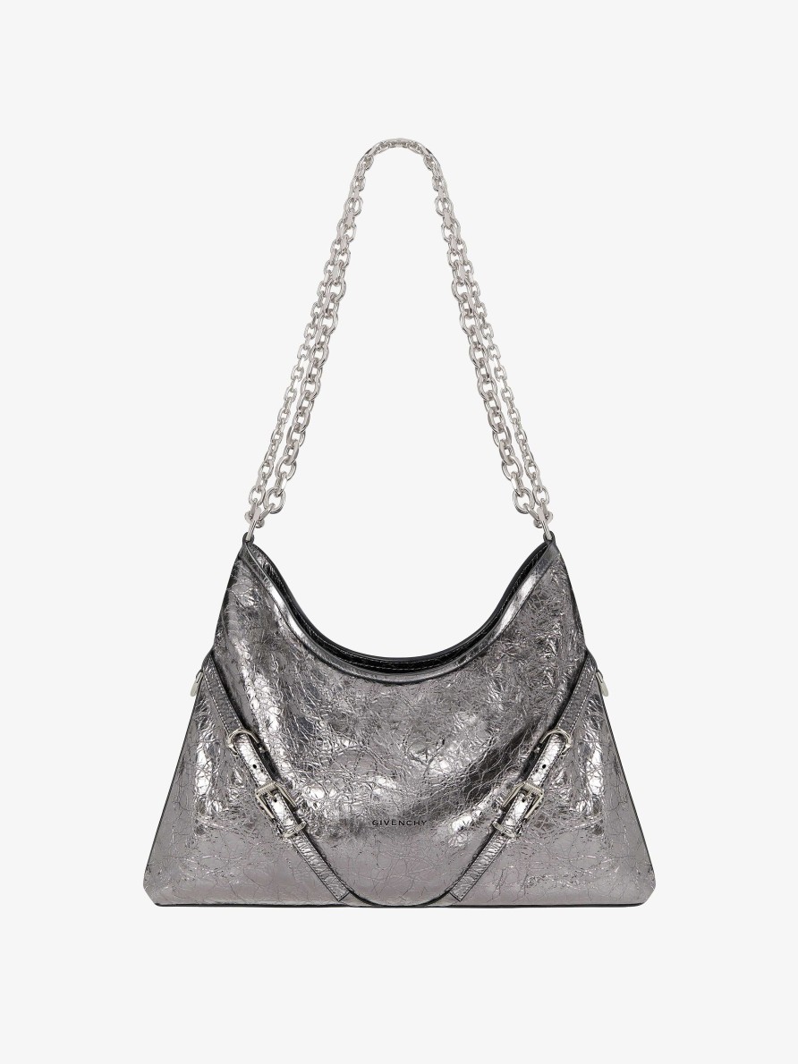 Donne Givenchy Voi | Borsa Media Con Catena Voyou In Pelle Laminata Grigio Argentato