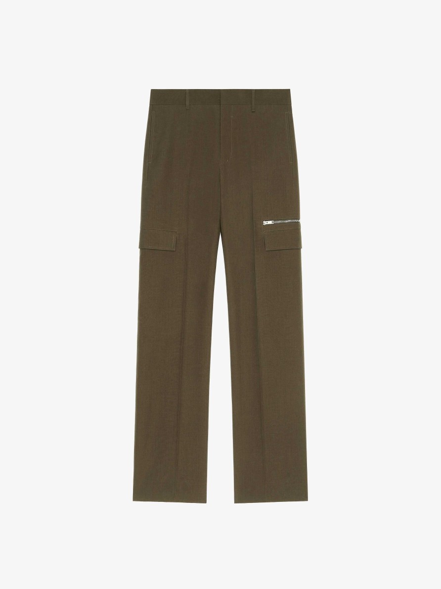 Uomini Givenchy Pantaloni | Pantaloni Sartoriali In Lana Con Dettagli Tasche Cachi