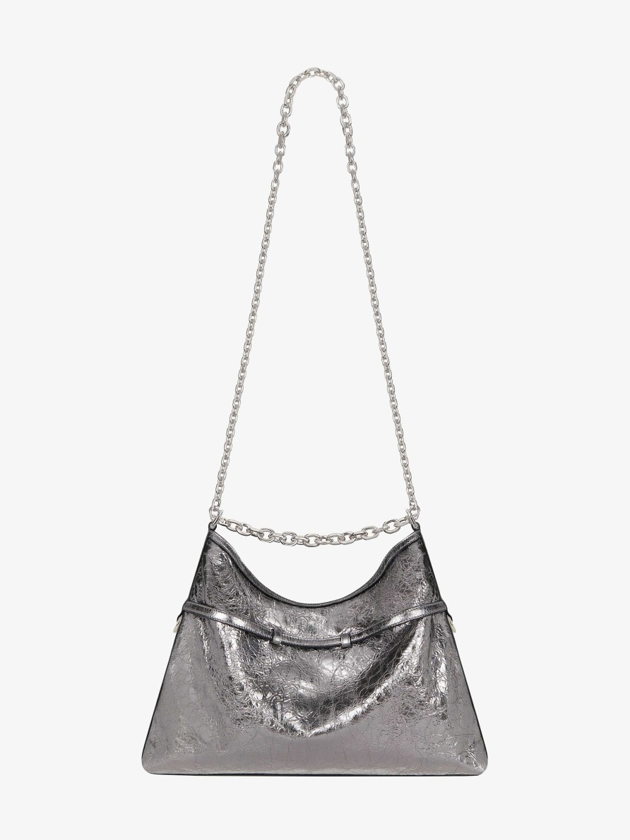 Donne Givenchy Voi | Borsa Media Con Catena Voyou In Pelle Laminata Grigio Argentato