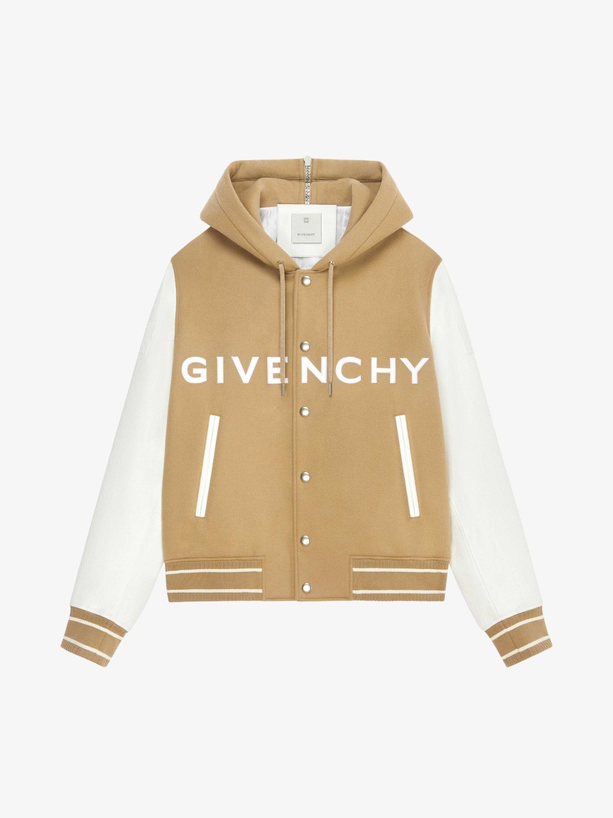 Uomini Givenchy Capispalla E Giubbotti | Giacca Varsity Con Cappuccio Di Givenchy In Lana E Pelle Bianco/Beige