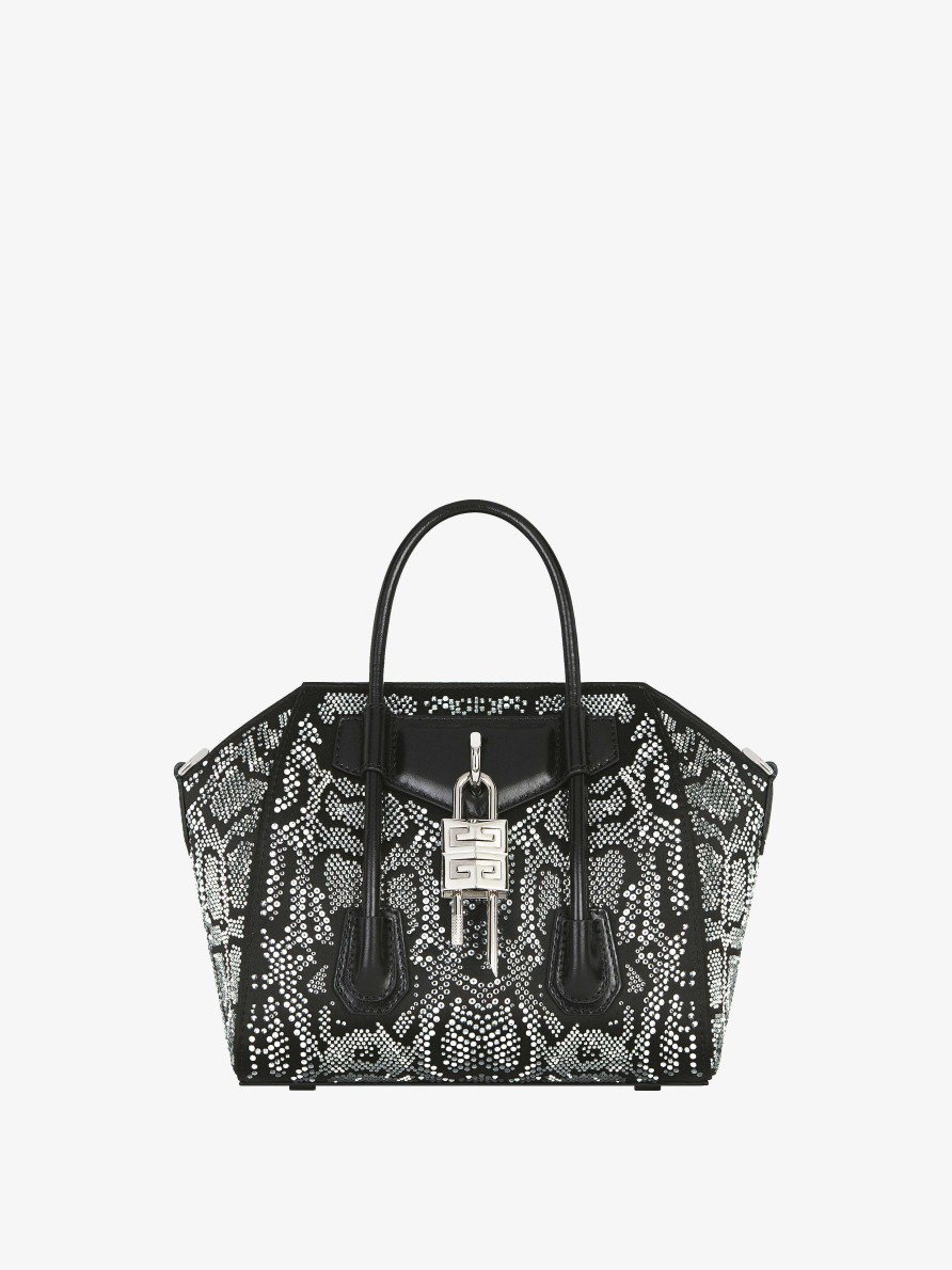 Donne Givenchy Antigona | Borsa Mini Antigona Lock In Raso Con Strass Effetto Pitone Nero