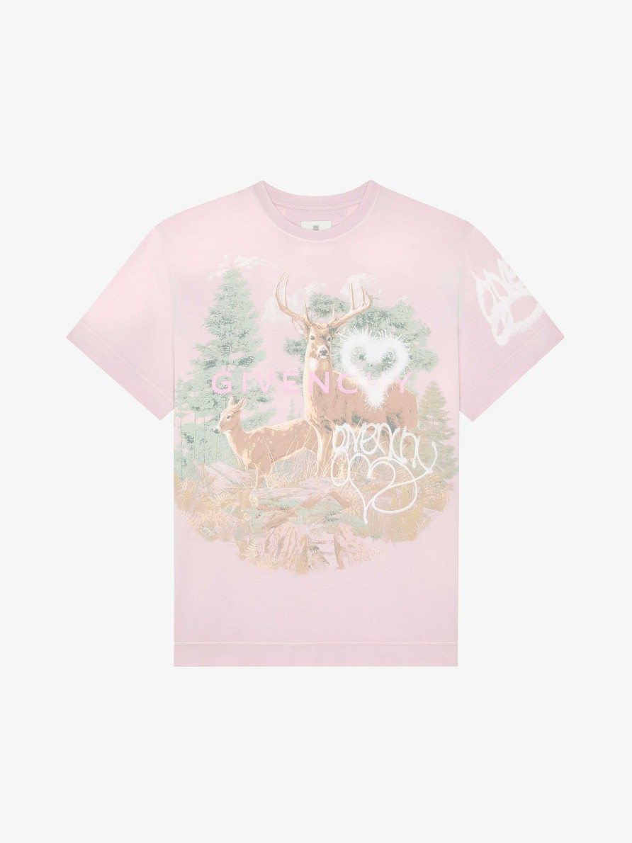 Donne Givenchy Magliette | T-Shirt Dalla Vestibilita Ampia In Cotone Con Stampa Givenchy Forest Rosa Chiaro