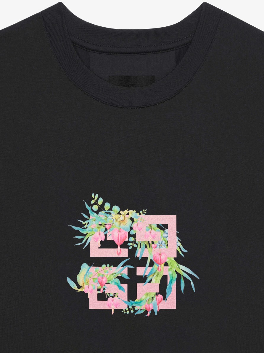 Donne Givenchy Magliette | T-Shirt In Cotone Con Stampa Fiori 4G Nero