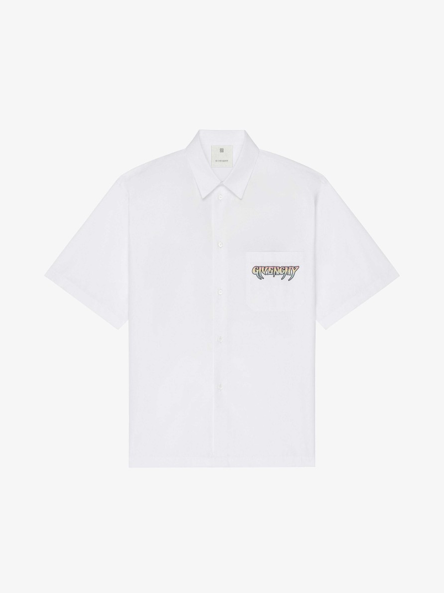 Uomini Givenchy Camicie | Camicia In Popeline Con Stampa Givenchy World Tour Bianco