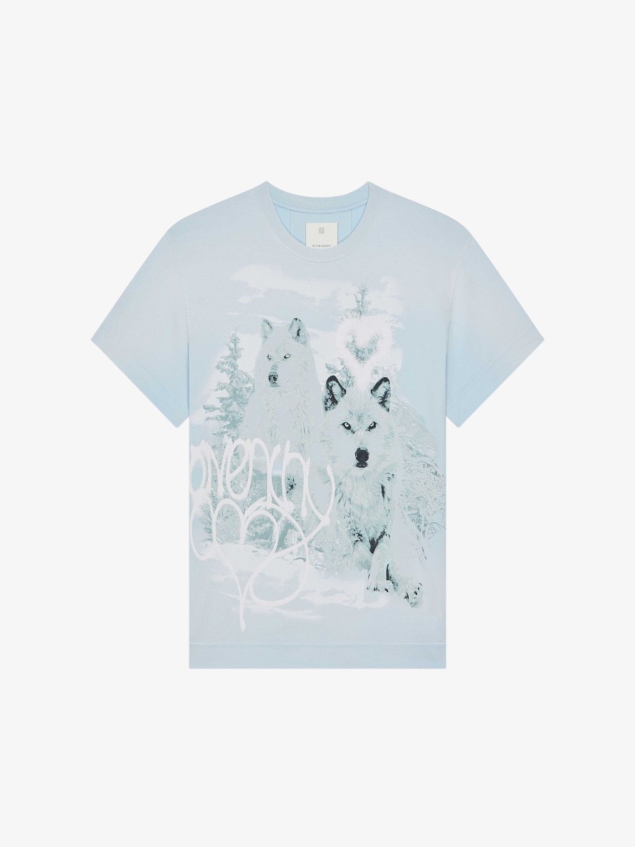 Donne Givenchy Magliette | T-Shirt In Cotone Con Stampa Lupo Di Givenchy Azzurro