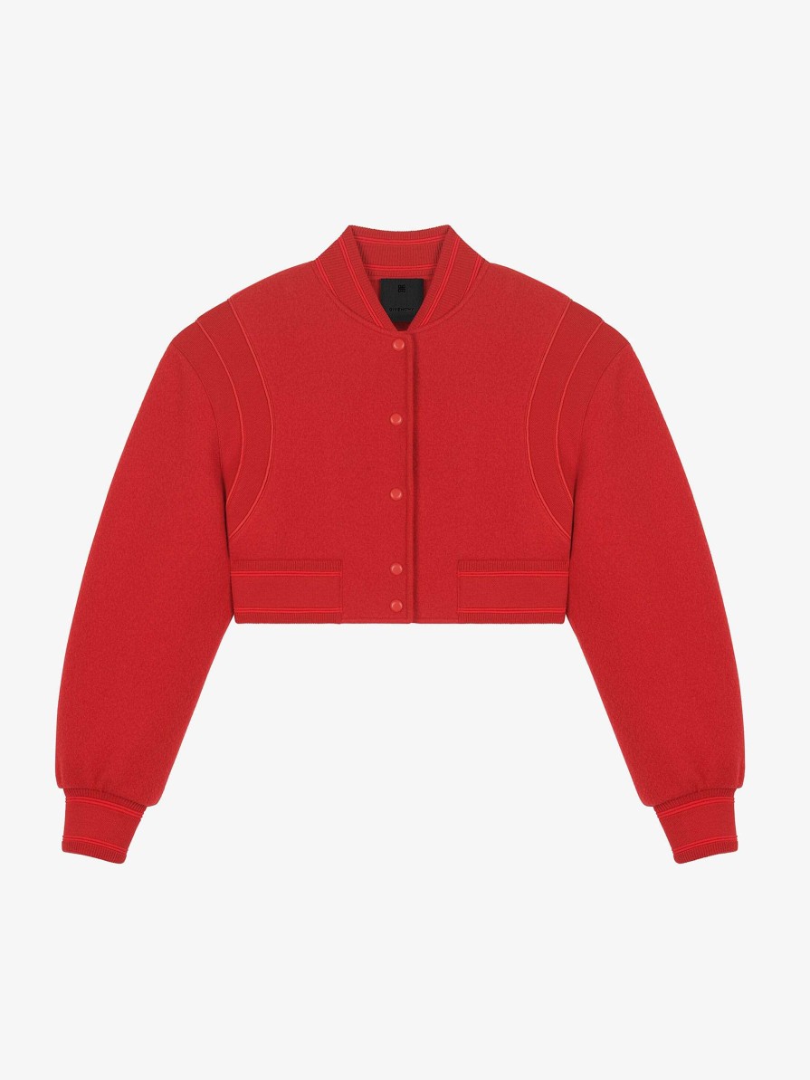 Donne Givenchy Capispalla E Giubbotti | Giacca Varsity Corta In Lana Cotta Rosso