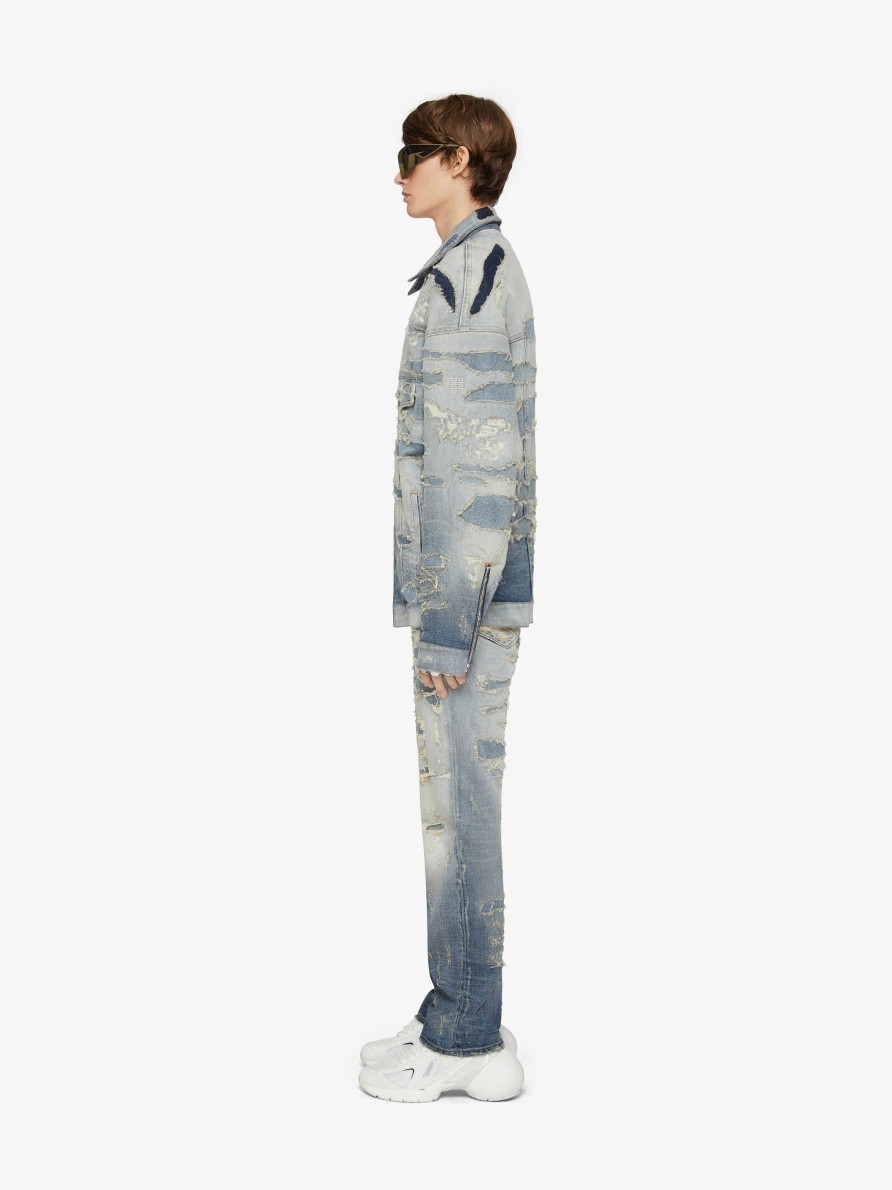 Uomini Givenchy Denim | Giacca Oversize In Denim Strappato E Riparato Azzurro