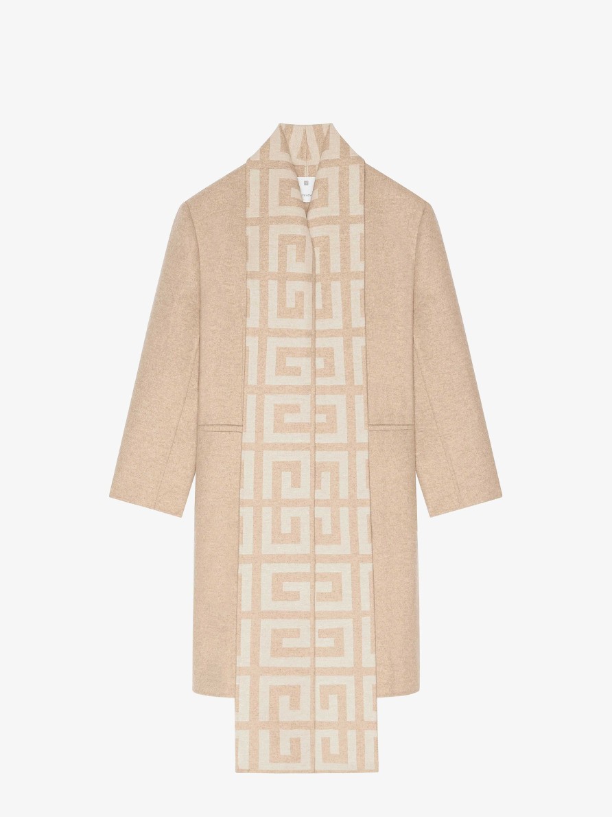 Donne Givenchy Giacche E Cappotti | Cappotto In Lana 4G Double Face Con Sciarpa Nocciola/Beige