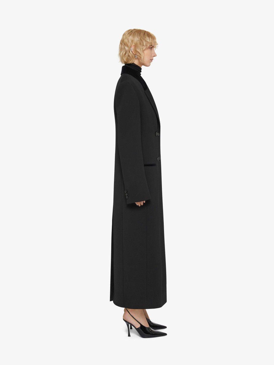 Donne Givenchy Giacche E Cappotti | Cappotto Doppiopetto In Lana Tricotine Con Dettagli In Velluto Nero