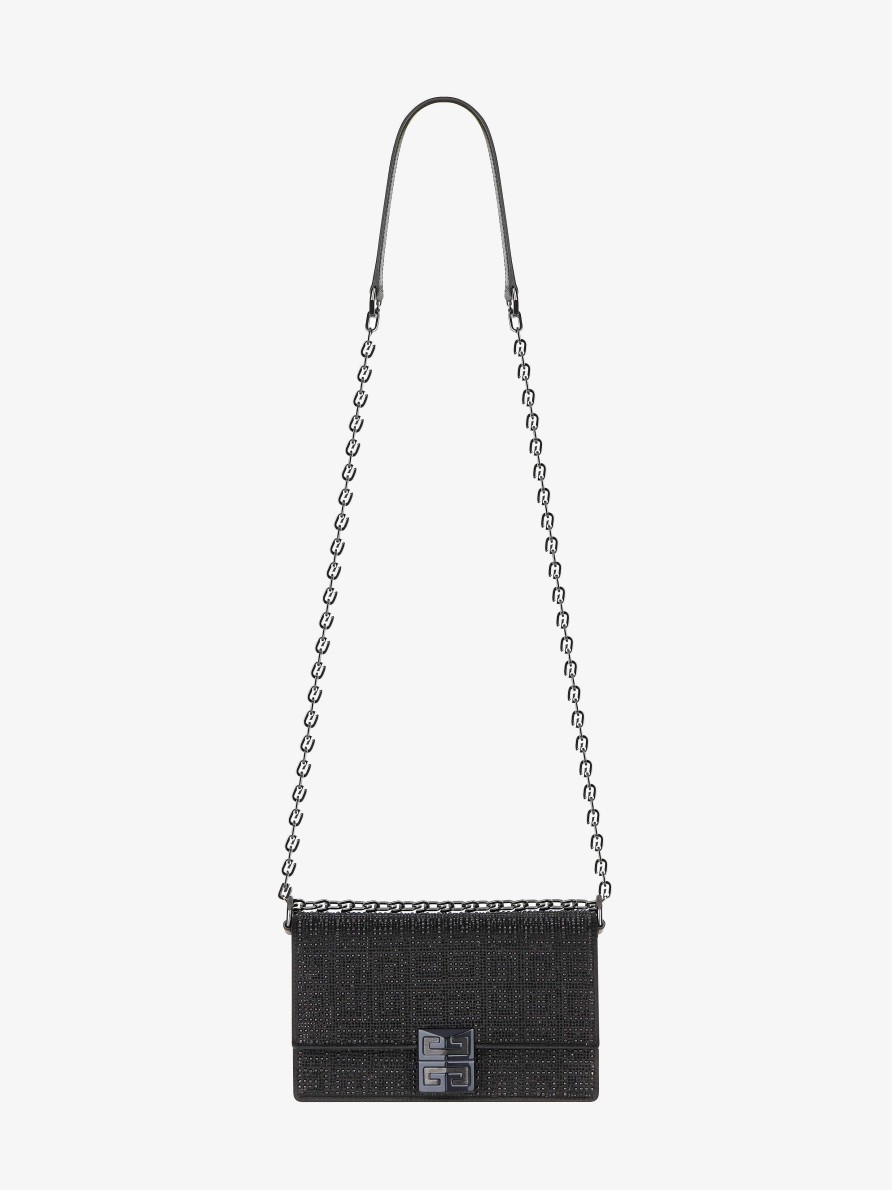 Donne Givenchy 4G | Borsa 4G Piccola In Raso Con Borchie 4G, Strass E Catena Nero