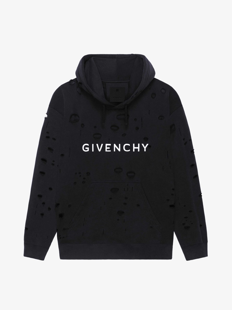 Uomini Givenchy Felpe E Felpe Con Cappuccio | Felpa Con Cappuccio Di Givenchy In Pile Con Effetto Destroyed Nero Sbiadito