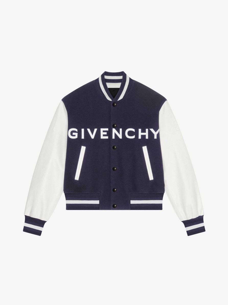 Uomini Givenchy Capispalla E Giubbotti | Giacca Varsity Di Givenchy In Lana E Pelle Blu Marino/Bianco