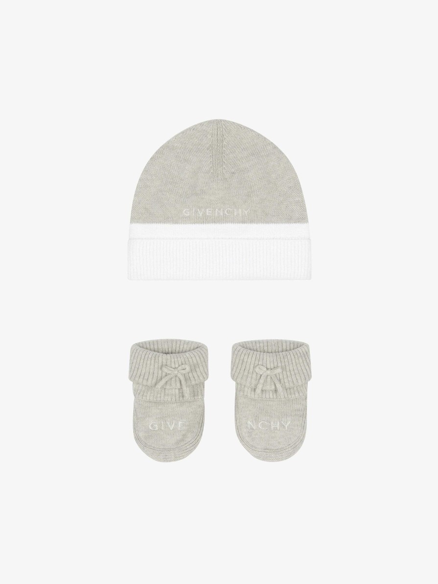 Uomini Givenchy Bambino (Da 1 Mese A 3 Anni) | Set Cappello E Pantofole Givenchy In Cotone E Cashmere Grigio/Bianco