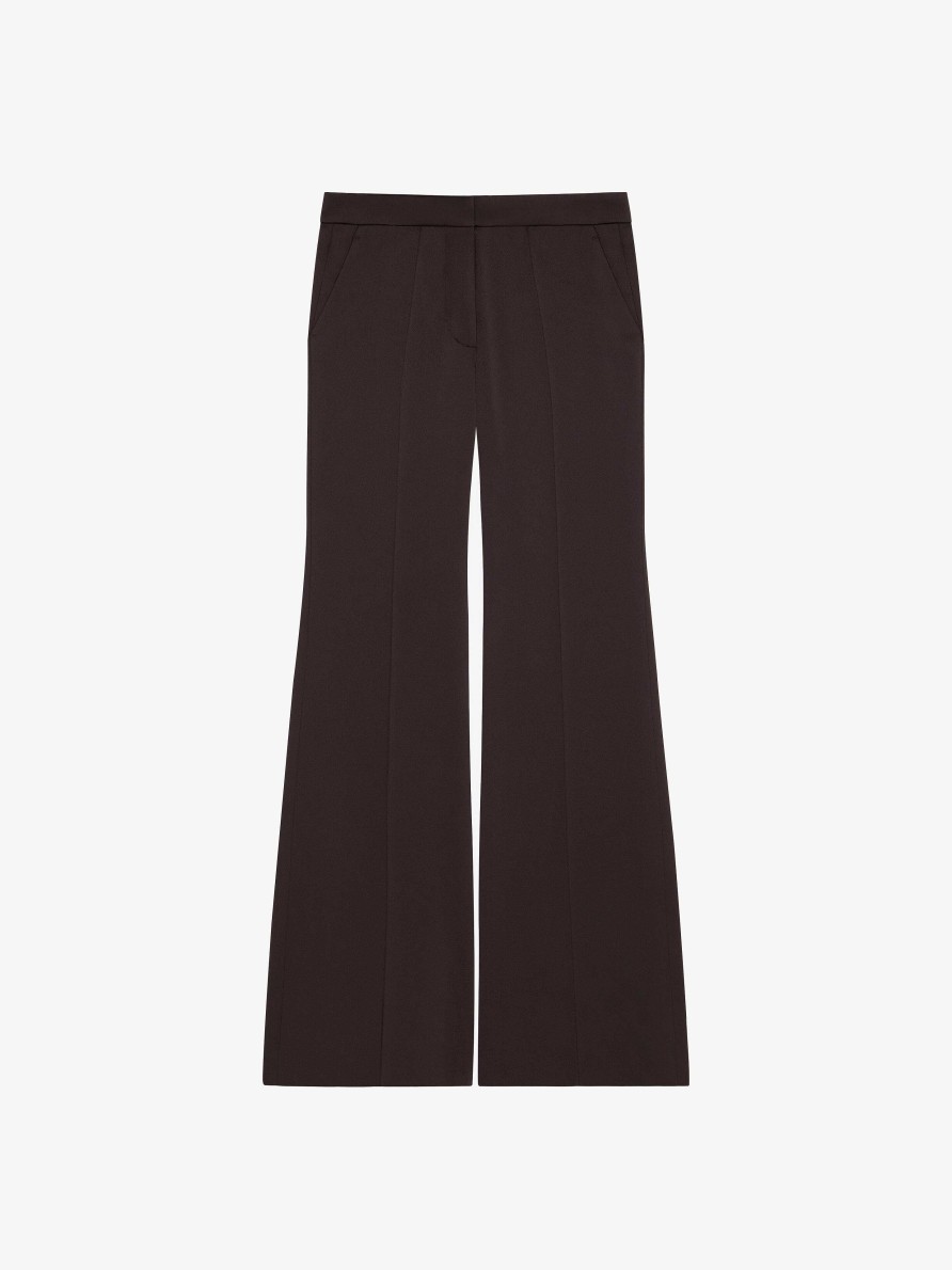 Donne Givenchy Pantaloni | Pantaloni Sartoriali Svasati In Crepe Con Retro In Raso Marrone Scuro