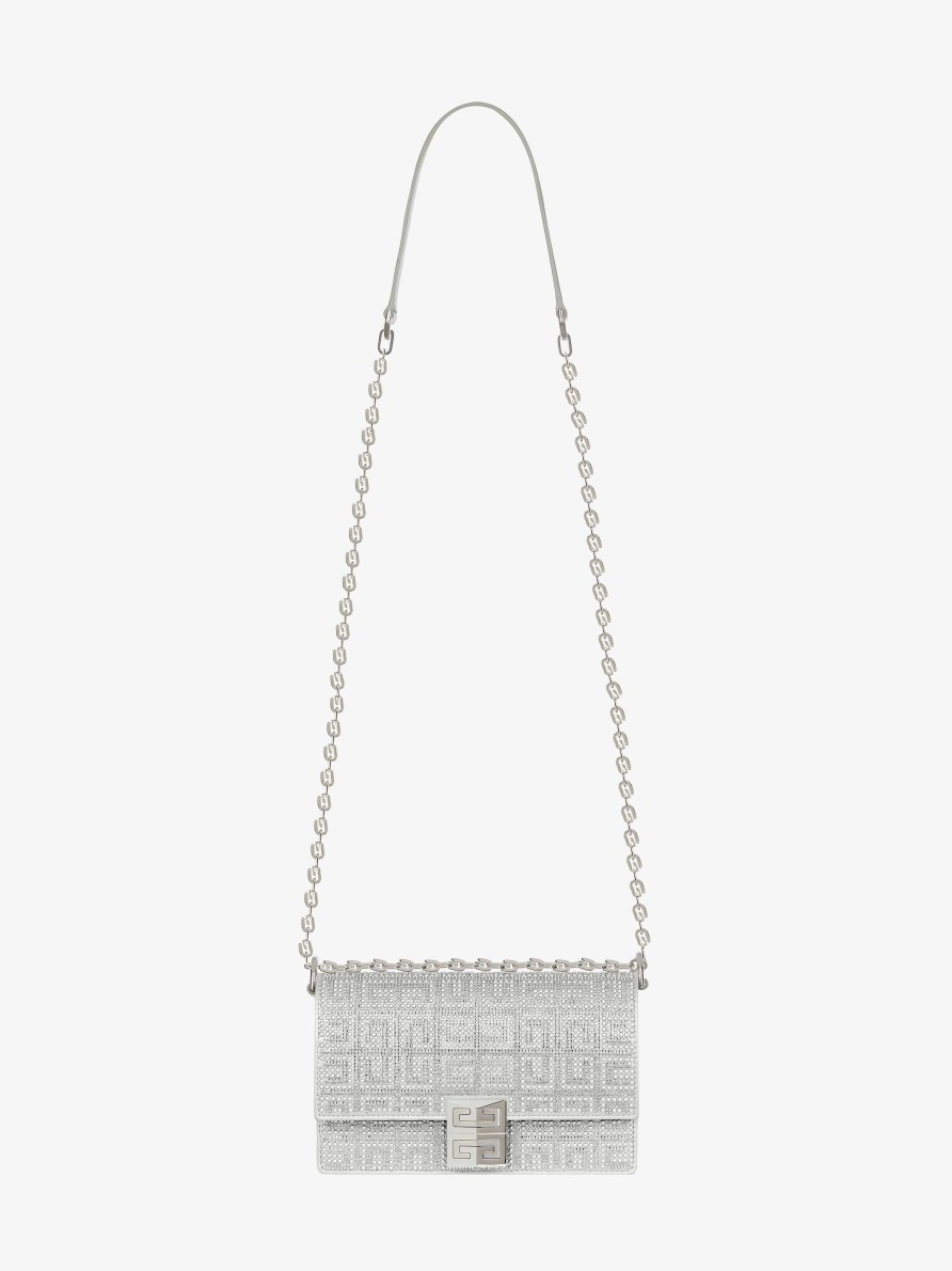 Donne Givenchy 4G | Borsa Piccola 4G In Raso Con Borchie 4G E Strass Grigio Argentato