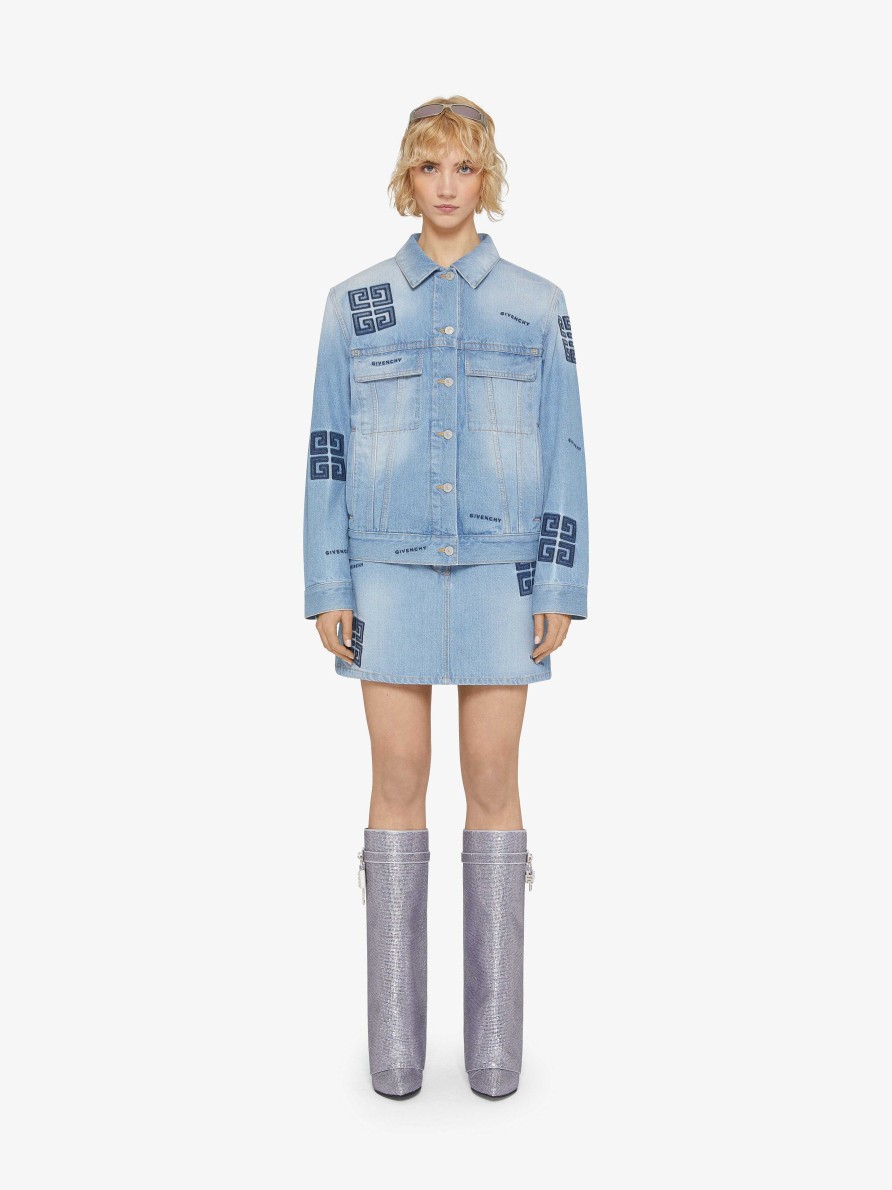 Donne Givenchy Giacche E Cappotti | Giacca Oversize In Denim Ricamato 4G Azzurro