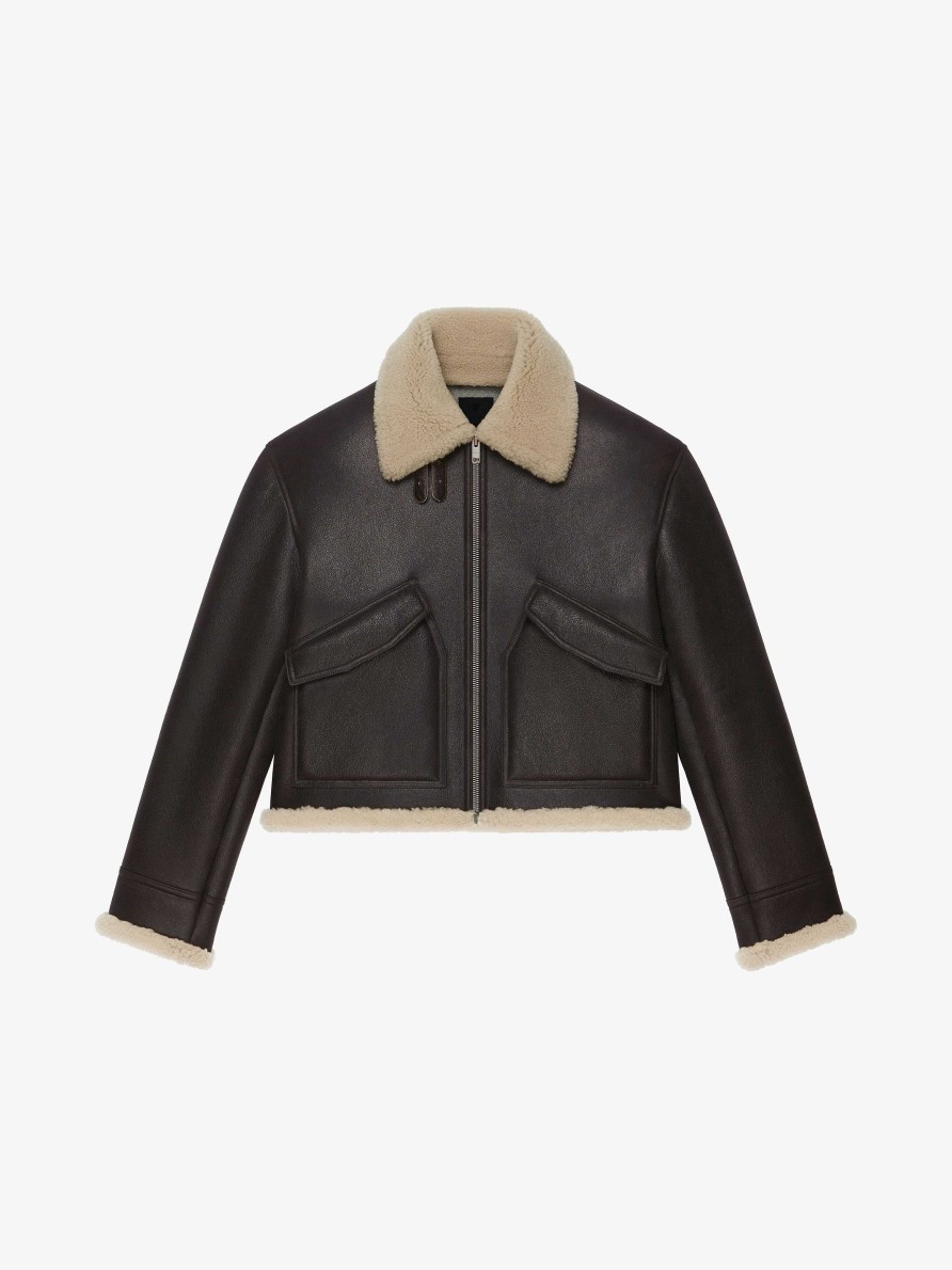 Uomini Givenchy Capispalla E Giubbotti | Giubbotto Aviatore In Pelle E Shearling Marrone Scuro