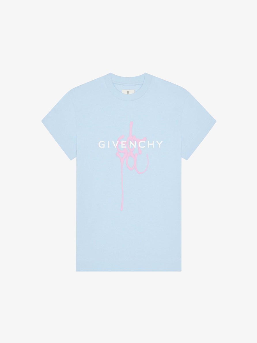 Donne Givenchy Magliette | T-Shirt Slim Fit In Cotone Con Stampa Givenchy Azzurro