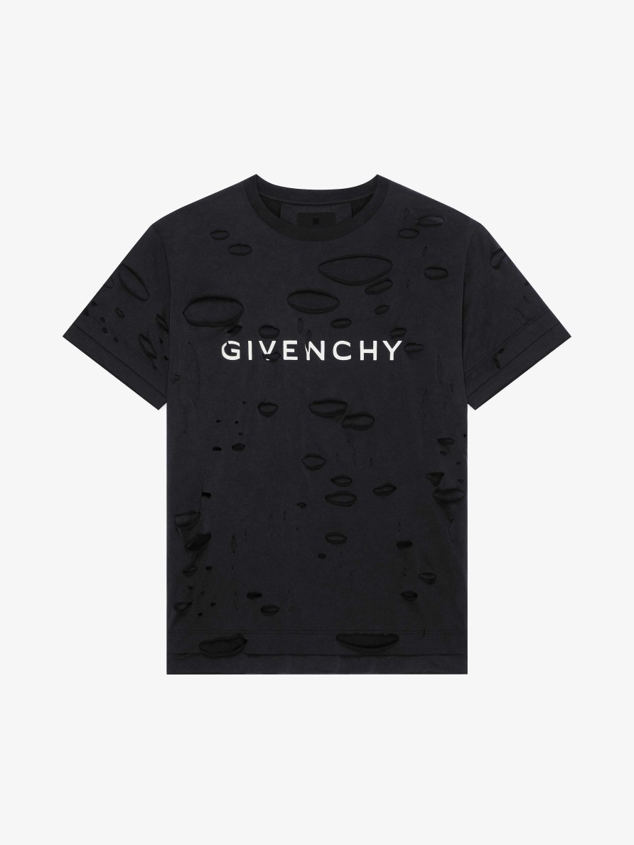 Uomini Givenchy Magliette | T-Shirt Oversize Di Givenchy In Cotone Con Effetto Distrutto Nero Sbiadito