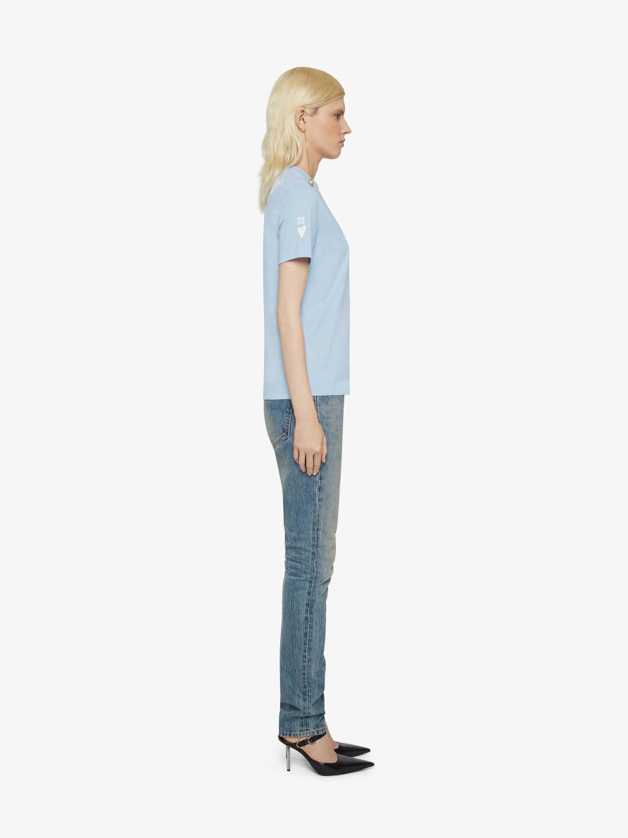 Donne Givenchy Magliette | T-Shirt Slim Fit In Cotone Con Stampa Givenchy Azzurro