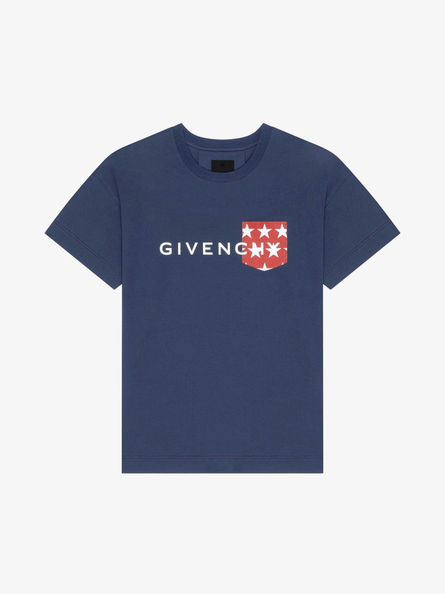 Uomini Givenchy Magliette | T-Shirt Di Givenchy In Cotone Con Taschino Profondo Blu