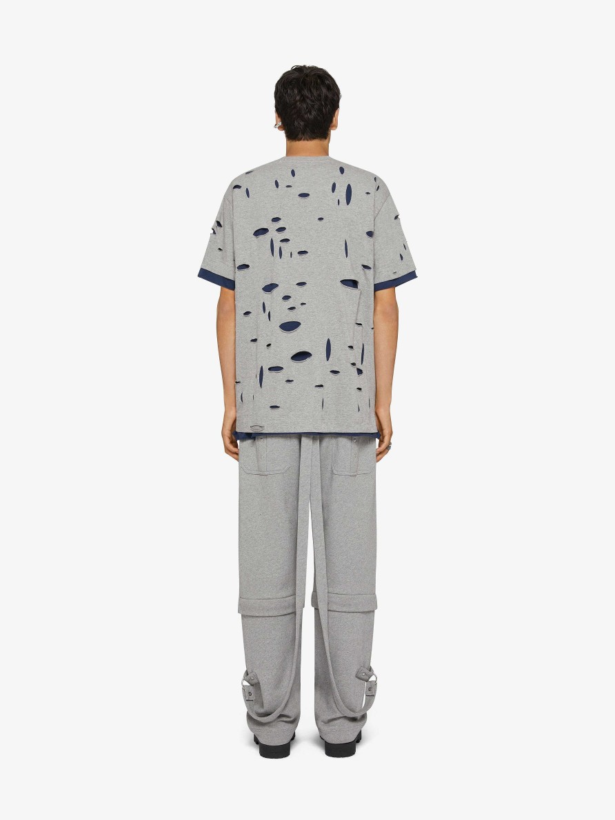 Uomini Givenchy Magliette | T-Shirt Oversize Di Givenchy In Cotone Distrutto Grigio/Blu