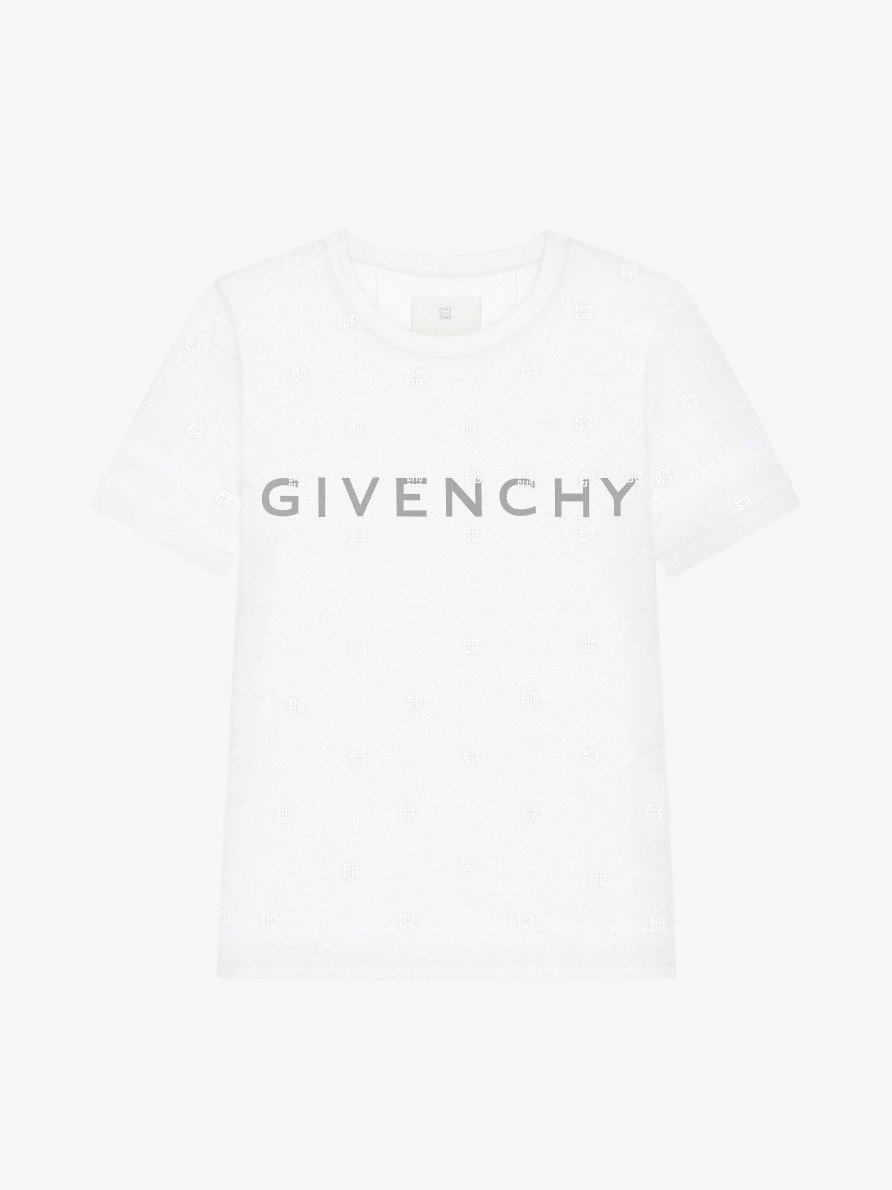 Donne Givenchy Magliette | T-Shirt Aderente A Doppio Strato In Cotone Con Tulle 4G Bianco