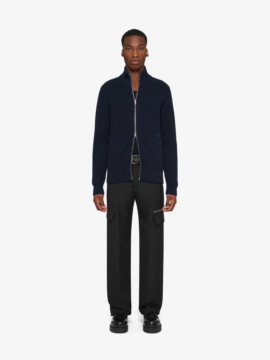 Uomini Givenchy Maglieria | Cardigan Con Zip In Lana E Cashmere Blu Notte