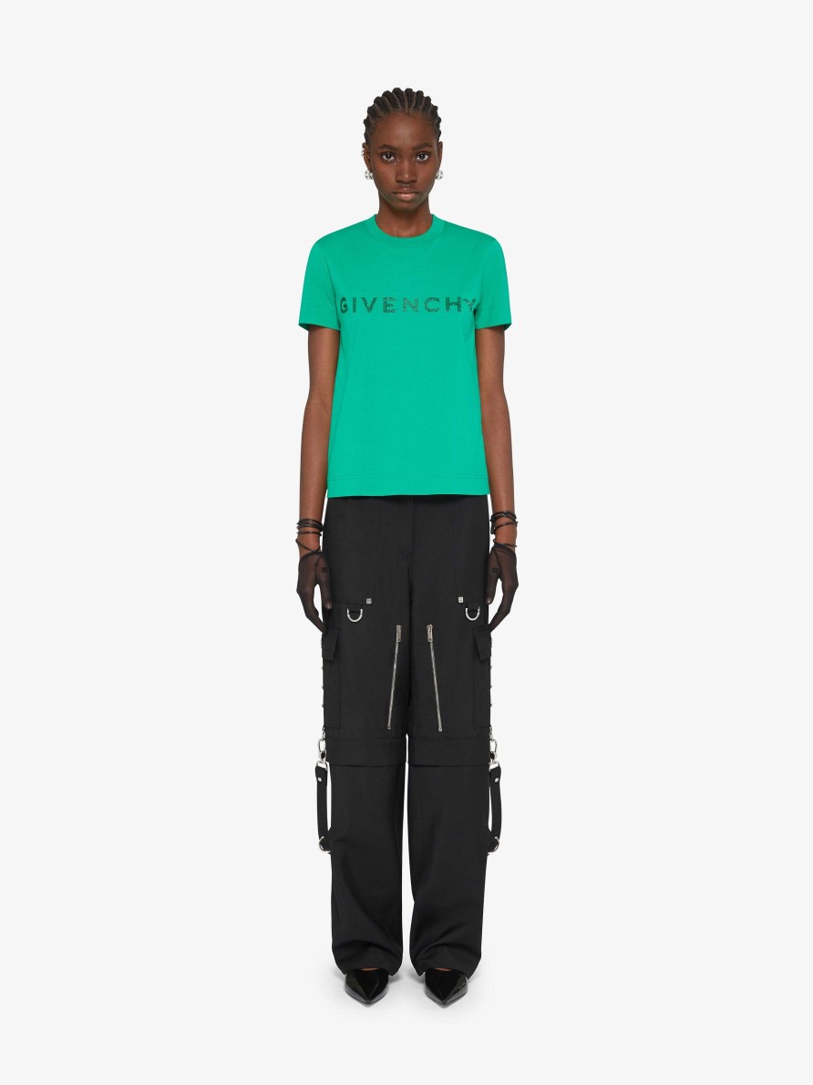 Donne Givenchy Magliette | T-Shirt Slim Fit In Cotone Con Strass Di Givenchy Assenzio Verde