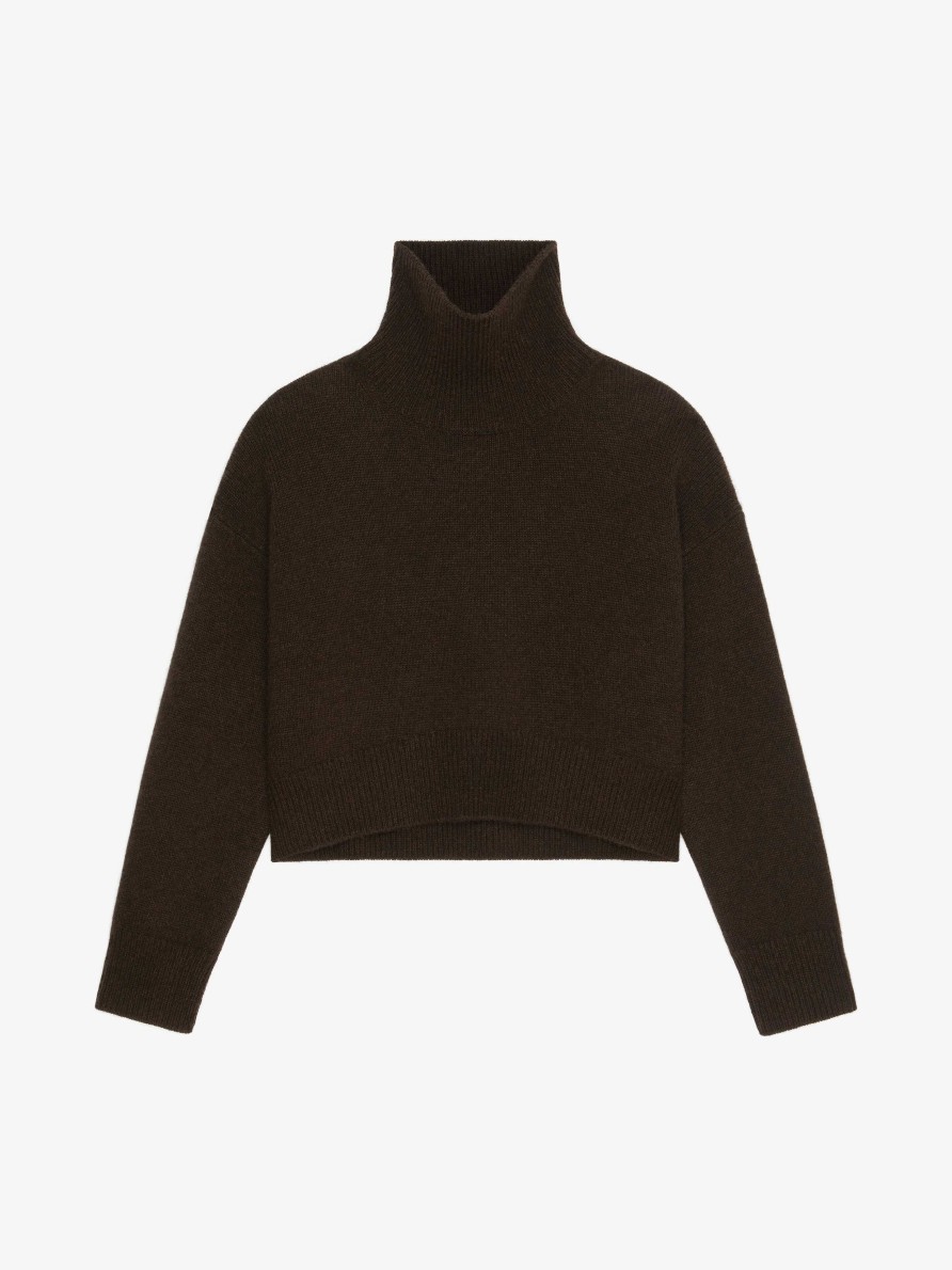 Donne Givenchy Maglieria | Maglione Cropped A Collo Alto In Cashmere Marrone Scuro