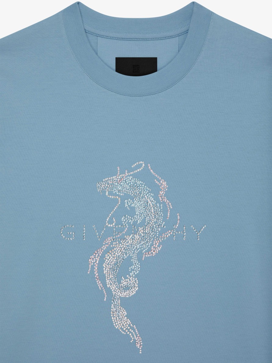 Donne Givenchy Magliette | T-Shirt Slim Fit In Cotone E Dragon Strass Di Givenchy Cielo Blu