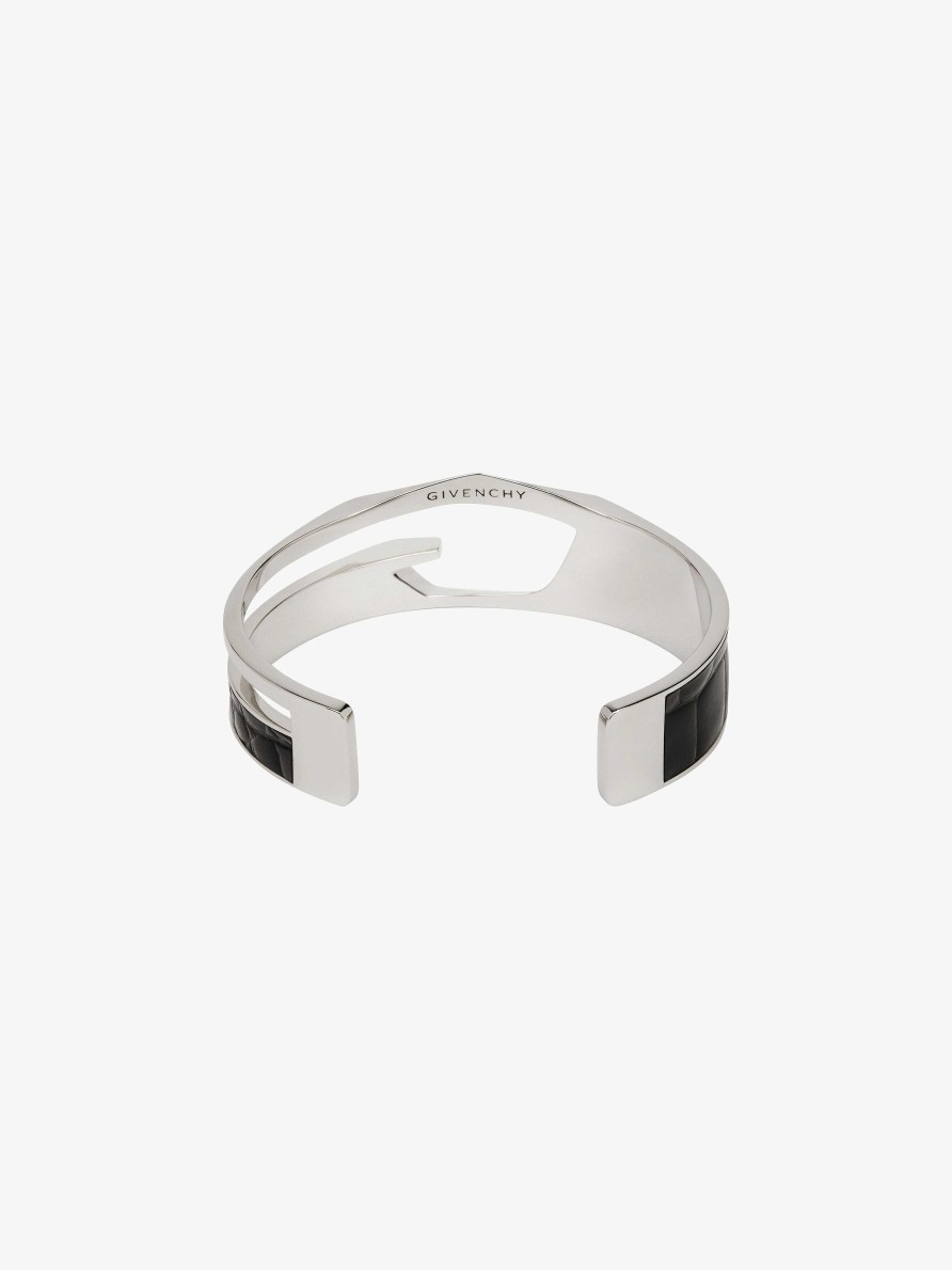 Uomini Givenchy Gioielleria | Bracciale Taglio Giv In Metallo E Pelle Nero/Argento