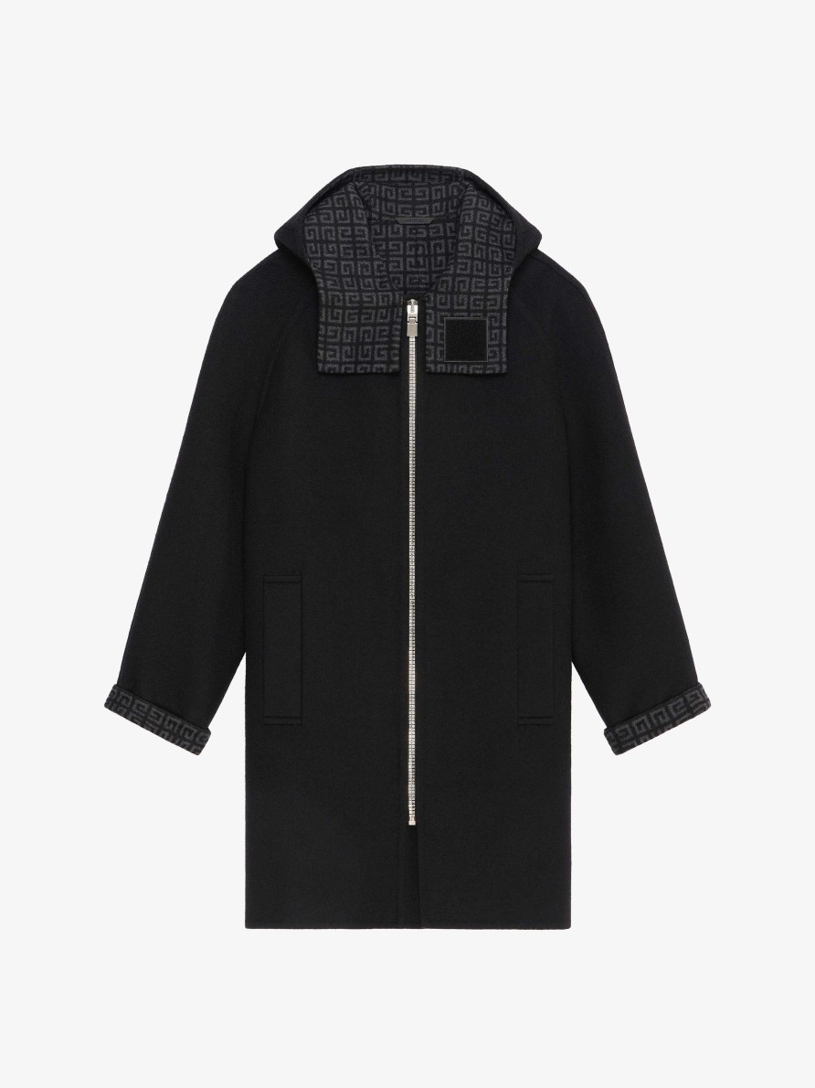 Uomini Givenchy Giacche E Cappotti | Cappotto Con Cappuccio In Lana, Cashmere E Seta Nero/Grigio