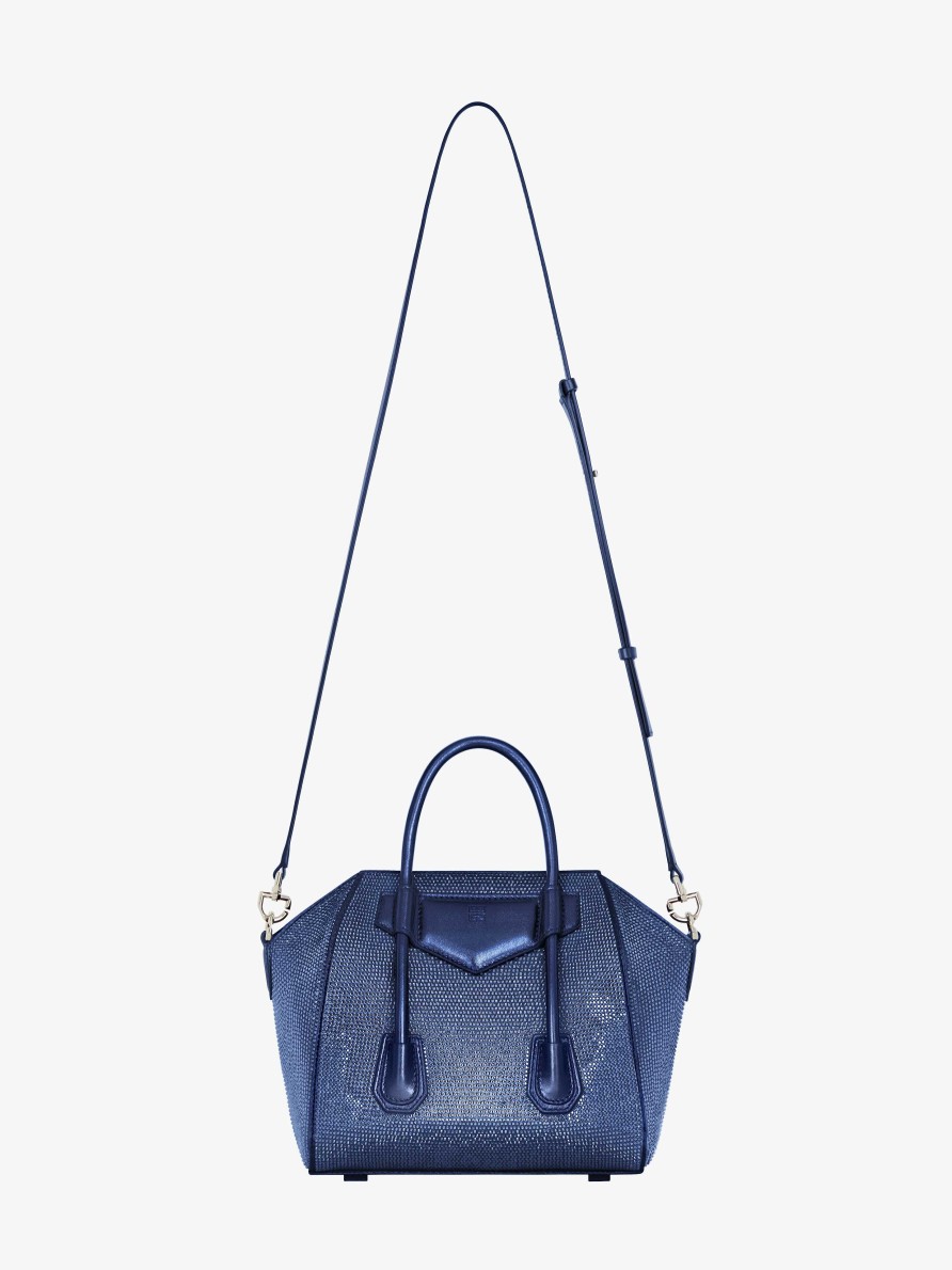 Donne Givenchy Antigona | Borsa Mini Antigona Lock In Raso Con Strass Blu Petrolio