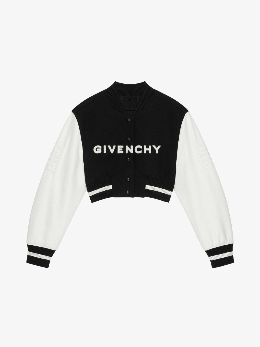 Donne Givenchy Capispalla E Giubbotti | Giacca Varsity Cropped Di Givenchy In Lana E Pelle Nero Bianco