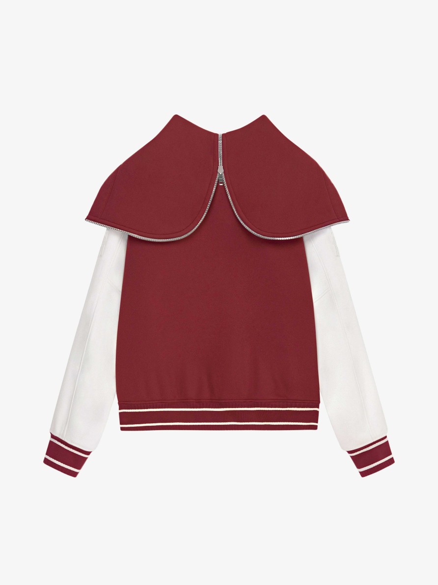 Uomini Givenchy Capispalla E Giubbotti | Giacca Varsity Con Cappuccio Di Givenchy In Lana E Pelle Borgogna/Bianco