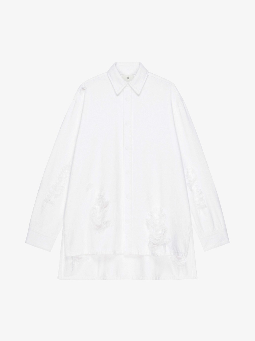 Donne Givenchy Top E Camicie | Camicia Oversize Con Schiena Lunga In Denim Destroyed Bianco