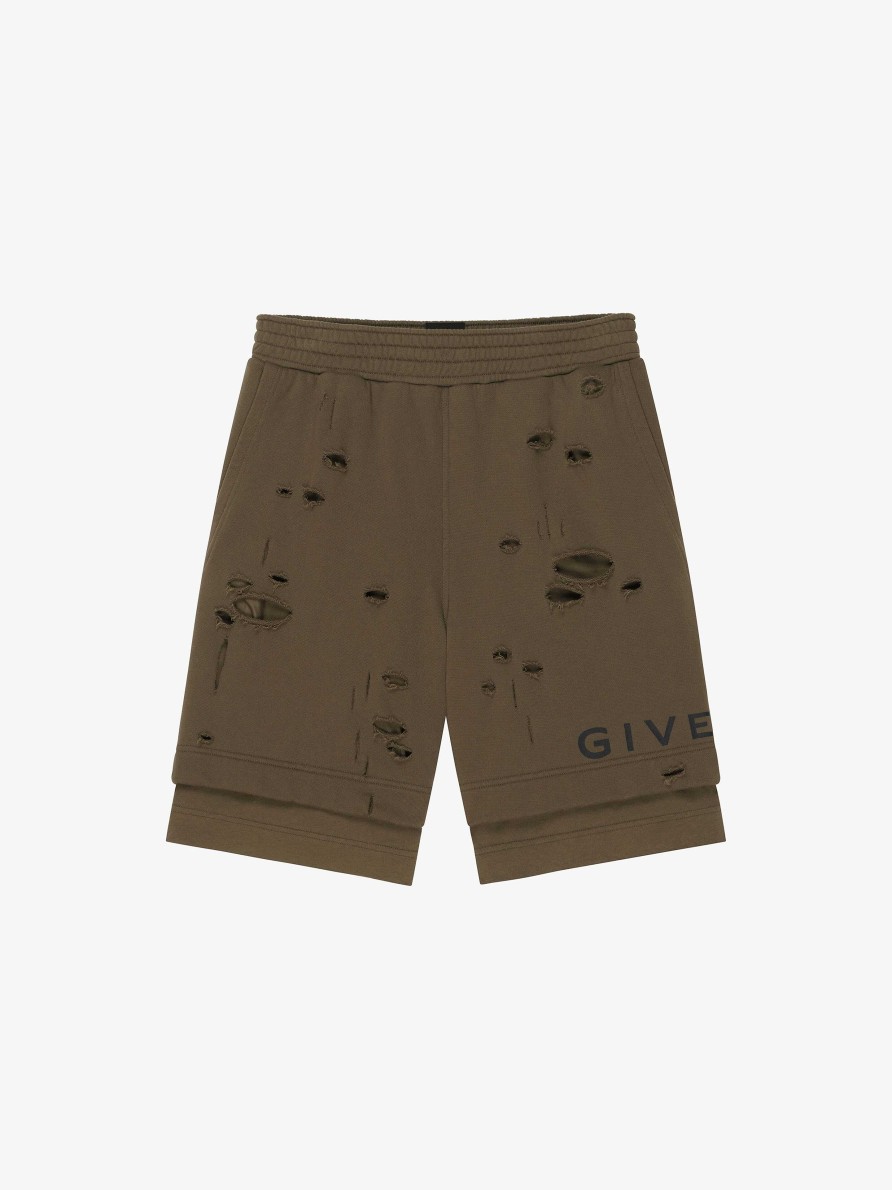 Uomini Givenchy Pantaloncini | Bermuda Givenchy In Felpa Con Effetto Destroyed Cachi