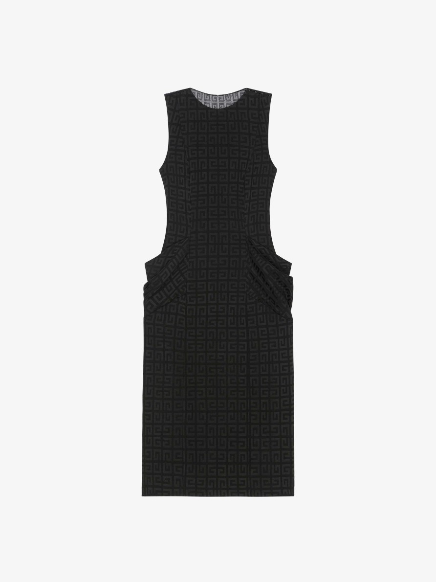 Donne Givenchy Vestiti | Abito In Jacquard 4G Con Tulle E Drappeggio Nero