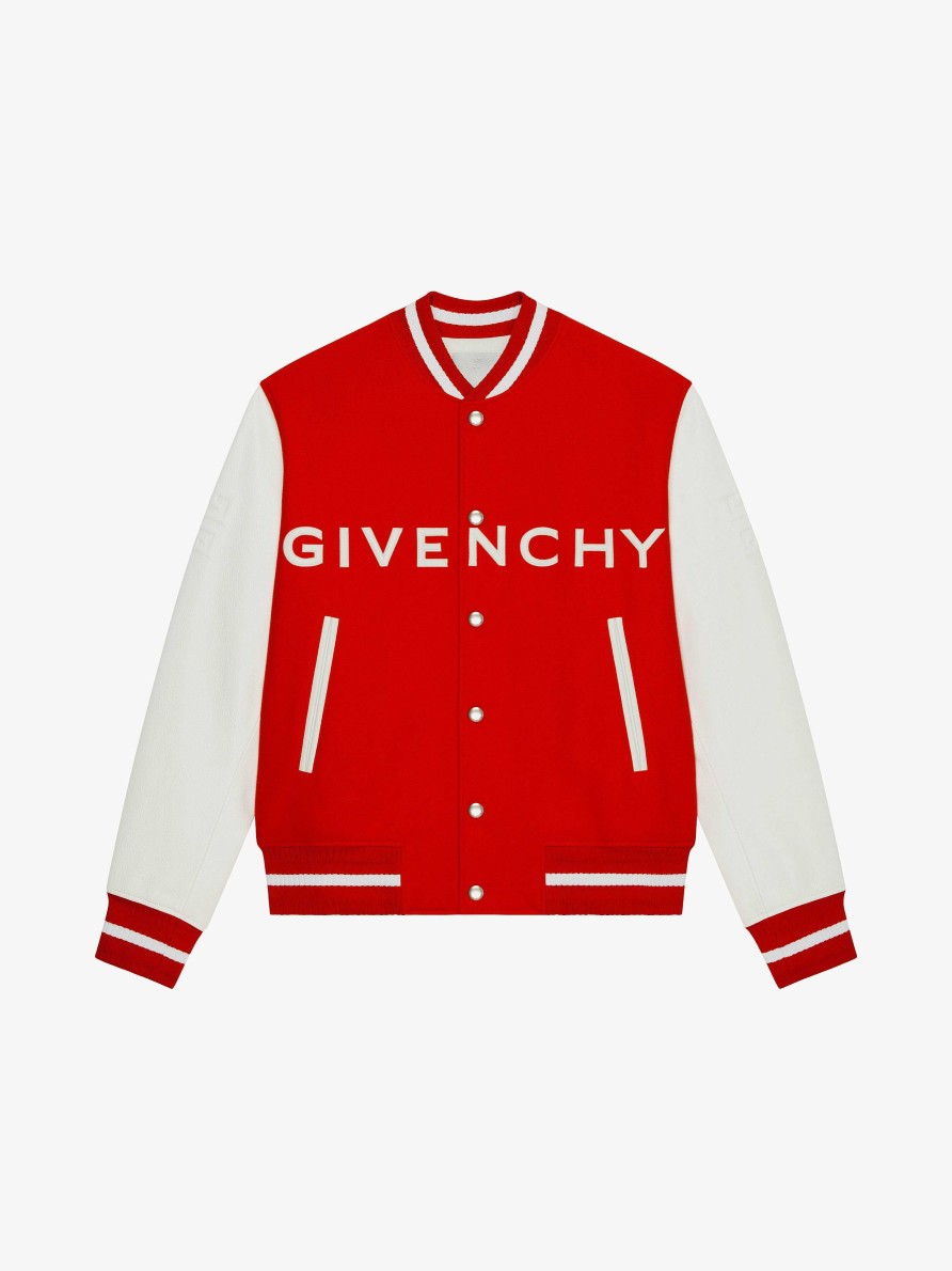 Uomini Givenchy Capispalla E Giubbotti | Giacca Varsity Di Givenchy In Lana E Pelle Bianco Rosso