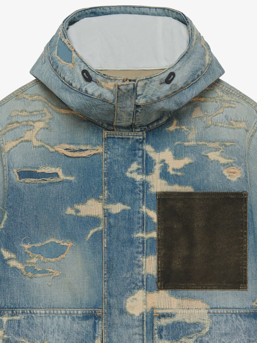 Uomini Givenchy Denim | Giacca Con Cappuccio In Denim Destroyed E Fustagno Blu Medio