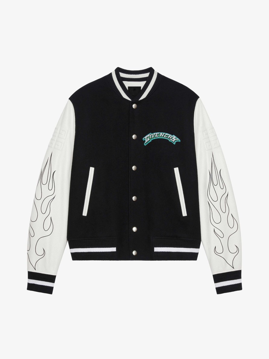 Uomini Givenchy Capispalla E Giubbotti | Giacca Varsity Di Givenchy In Lana E Pelle Nero Bianco