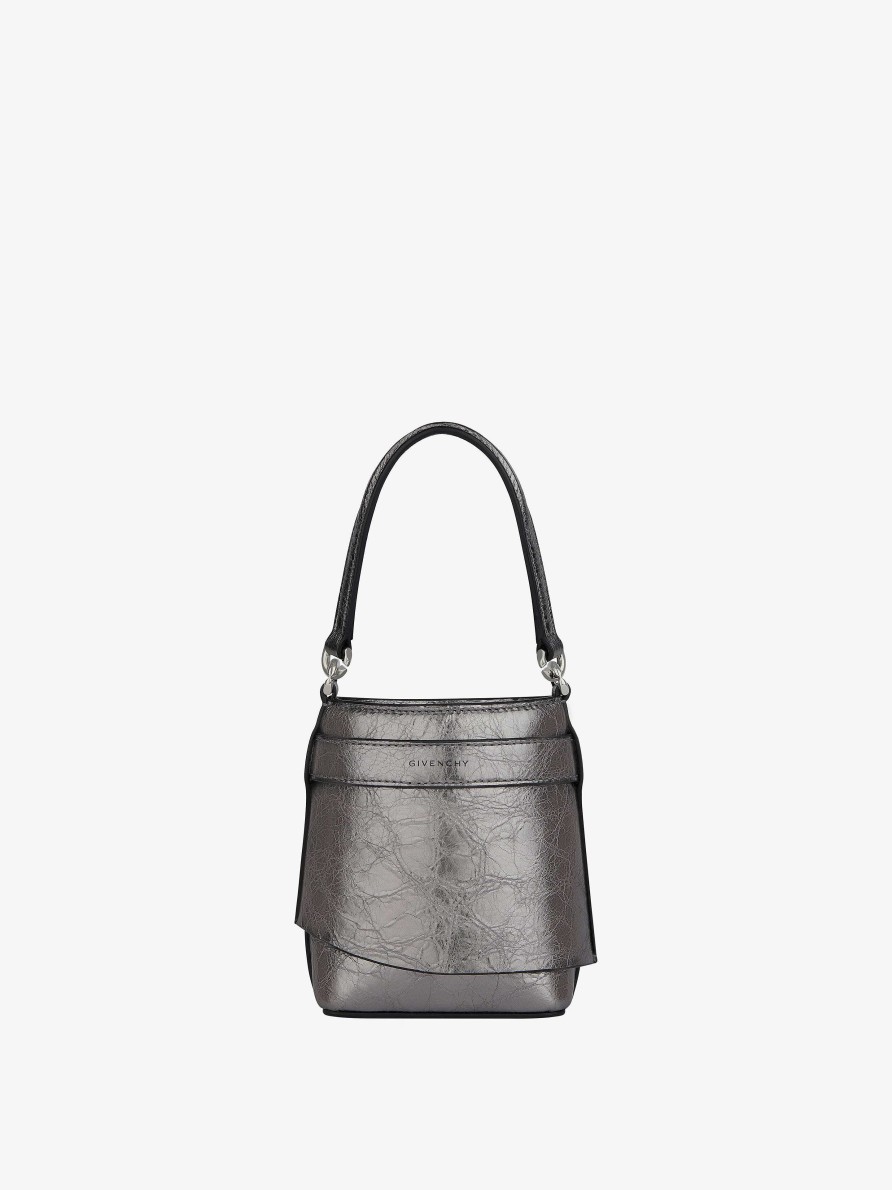 Donne Givenchy Borse Mini E Micro | Borsa A Secchiello Micro Shark Lock In Pelle Laminata Grigio Argentato