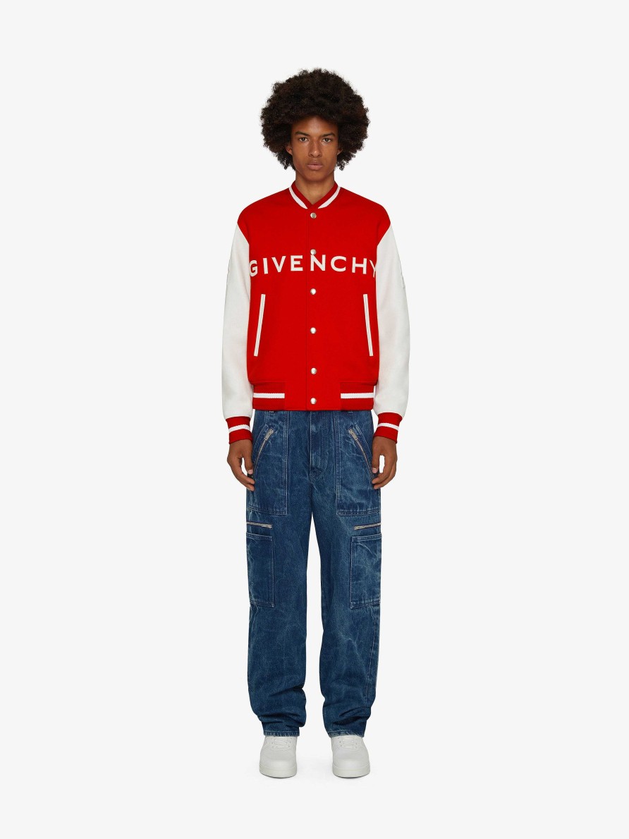 Uomini Givenchy Capispalla E Giubbotti | Giacca Varsity Di Givenchy In Lana E Pelle Bianco Rosso