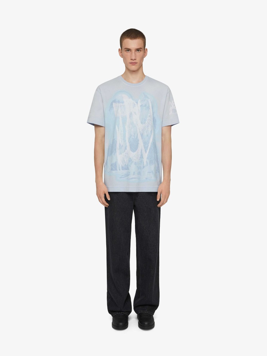 Uomini Givenchy Magliette | T-Shirt Oversize In Cotone Con Stampe Givenchy Bianco/Azzurro