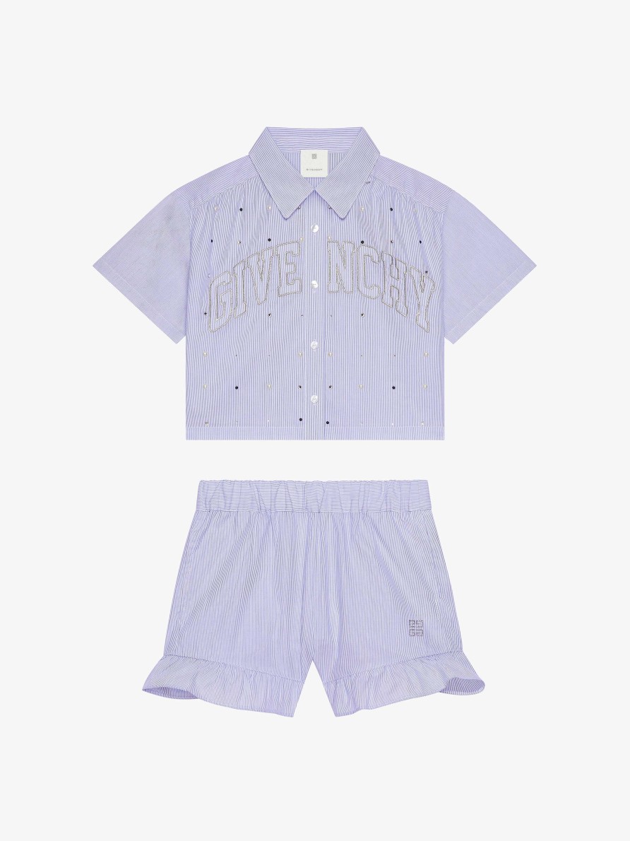 Donne Givenchy Ragazza (Da 4 A 12 Anni) | Completo Camicia E Pantaloncini College Di Givenchy Con Righe Bianco Blu