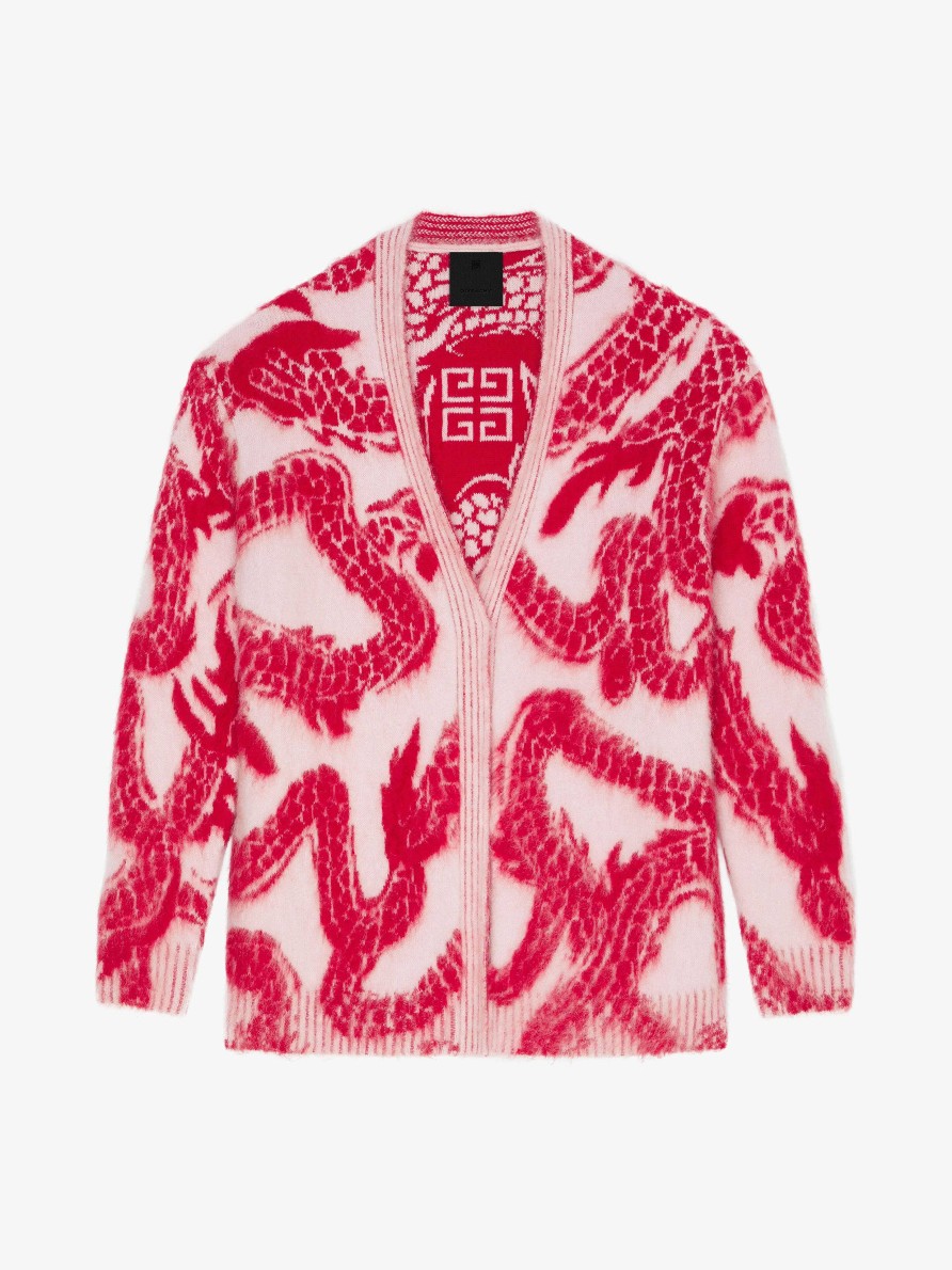 Donne Givenchy Maglieria | Cardigan In Mohair E Lana Con Jacquard Drago Rosa Antico