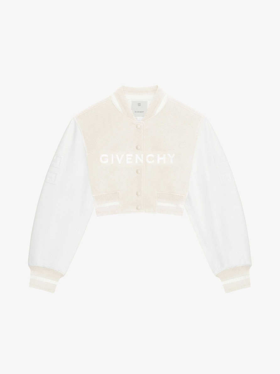 Donne Givenchy Capispalla E Giubbotti | Giacca Varsity Cropped Di Givenchy In Lana E Pelle Bianco